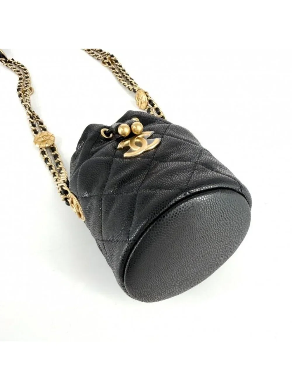 Chanel Shoulder Bag Quilted CC Logo Drawstring Crossbody Caviar Leather Black